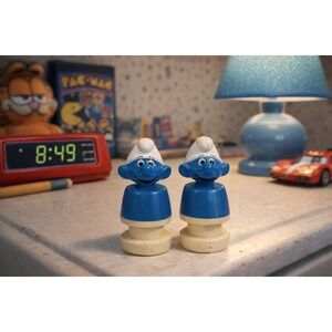 Vintage Smurfs School Bus Figures Pair Peyo 1982 Blue PVC Mini Smurf